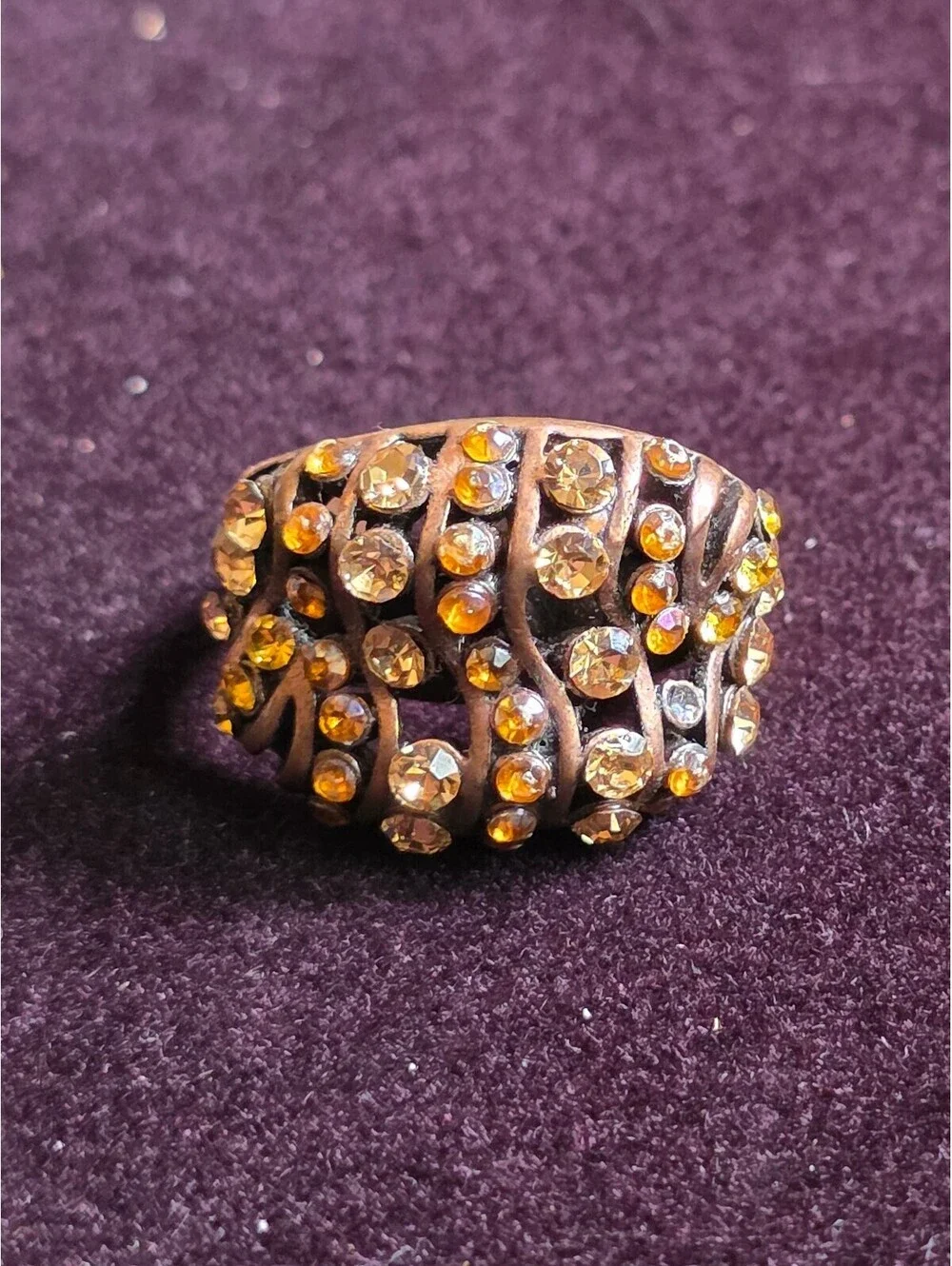 Vintage 1980's Amber Topaz Rhinestone Dome Ring Adjustable